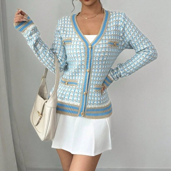 Blue Casual Women's Contrast Color Long Sleeve Cardigan - Picture 6 of 6